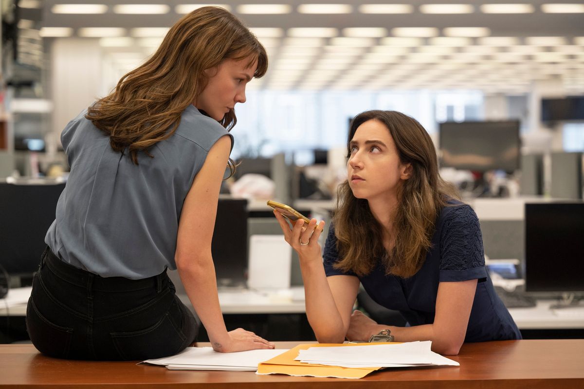 Megan Twohey (Carey Mulligan), left, and Jodi Kantor (Zoe Kazan) are New York Times reporters investigating film producer Harvey Weinstein in “She Said,” directed by Maria Schrader.  (Universal Pictures)