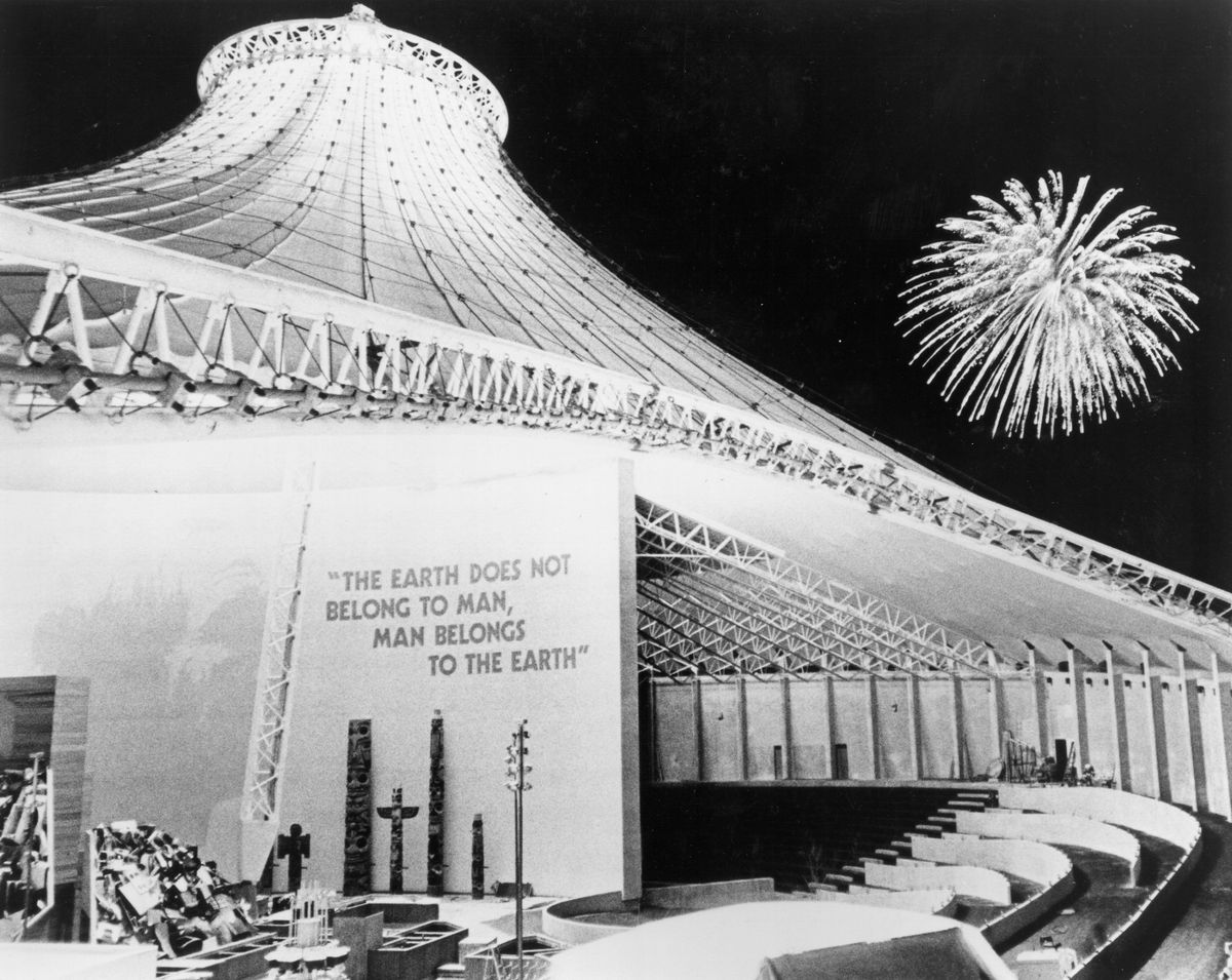 1974: A star shell bursts behind the United States Pavilion during a fireworks display at Expo ’74.  (The Spokesman-Review photo archive)