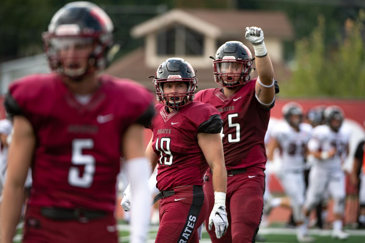 Whitworth celebrates an interception against Chapman on Sept. 15, 2018 at the Whitworth Pine Bowl in Spokane, Wash. The Whitworth Pirates beat the Chapman Panthers 31-28. Libby Kamrowski/ THE SPOKESMAN-REVIEW (Libby Kamrowski / The Spokesman-Review)