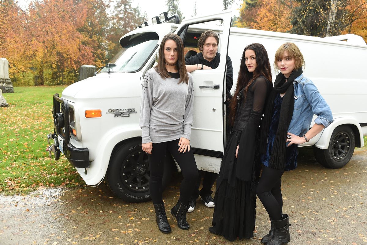 From left,  Brooke McCormick, director Jesse  Hennessy,  Shannon Stroup and  Maxine Barber. Hennessy and the three actors are working on an independent horror film, “Night of the Witch.” Stroup, with the help of lots of movie makeup, will play the witch. (Jesse Tinsley / The Spokesman-Review)