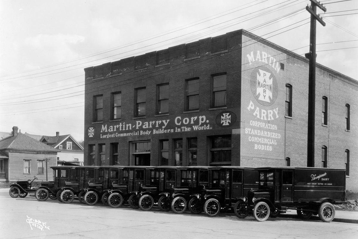 1925: A fleet of new trucks built for Thompsen Dairy sits in front of the Martin-Parry plant at 19 W. Pacific Ave. in Spokane. The company mounted commercial truck bodies, made in Pennsylvania, on Model T chassis. The truck dealership was owned by Universal Auto Co. of Spokane and operated by Phillip Garnett. Thompsen was a large dairy that offered home delivery of milk and other products. (Libby Collection/Eastern Washington State Historical Society Archives)