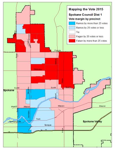 This is a map of the vote margins in the Spokane City Council District 1 race from the Election Night count. (Jim Camden/Spokesman-Review)