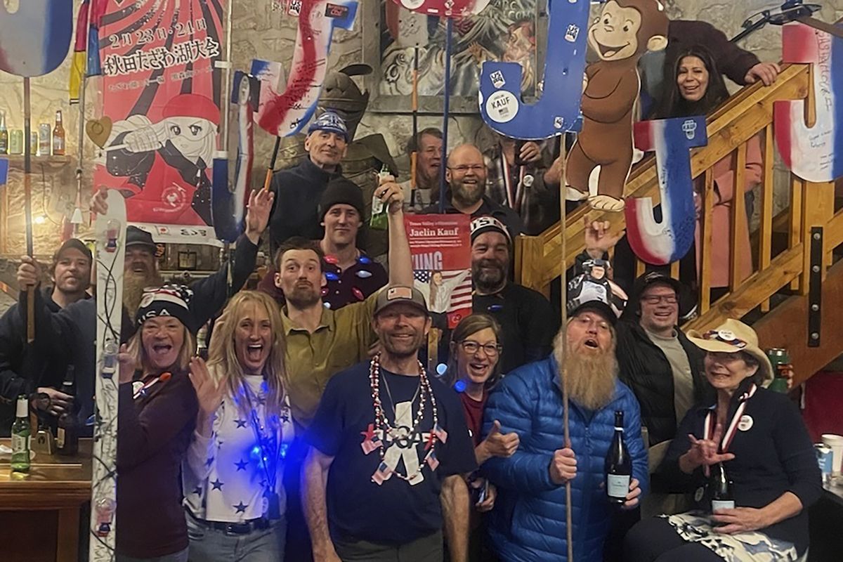 In this photo provided by Patti Kauf, family and friends of Jaelin Kauf, of the United States, celebrate her silver medal in the women