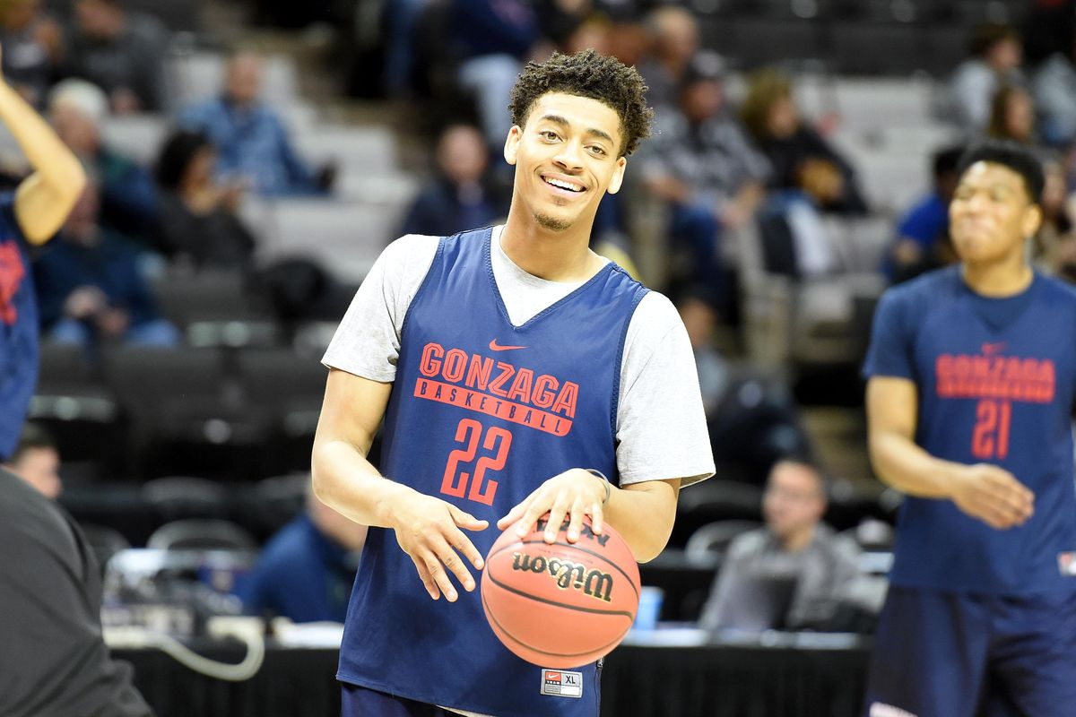 Gonzaga forward Jeremy Jones (22) was all smiles during the Zags’ open practice, Wednesday, March 22, 2017, in San Jose, California. (Colin Mulvany / The Spokesman-Review)