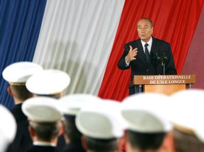 
French President Jacques Chirac delivers a speech at a submarine base in L'ile-Longue, France, on Thursday. 
 (Associated Press / The Spokesman-Review)