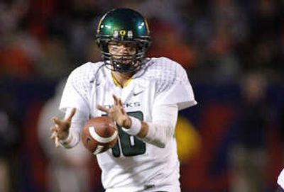
Oregon quarterback Brady Leaf's left ankle was heavily taped Monday. Associated Press
 (Associated Press / The Spokesman-Review)