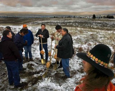 
Harold Campbell, lower right, surveys Spokane Tribe lands just west of Airway Heights. Campbell lived on the property for several years and was at a groundbreaking ceremony Friday. 
 (Christopher Anderson/ / The Spokesman-Review)