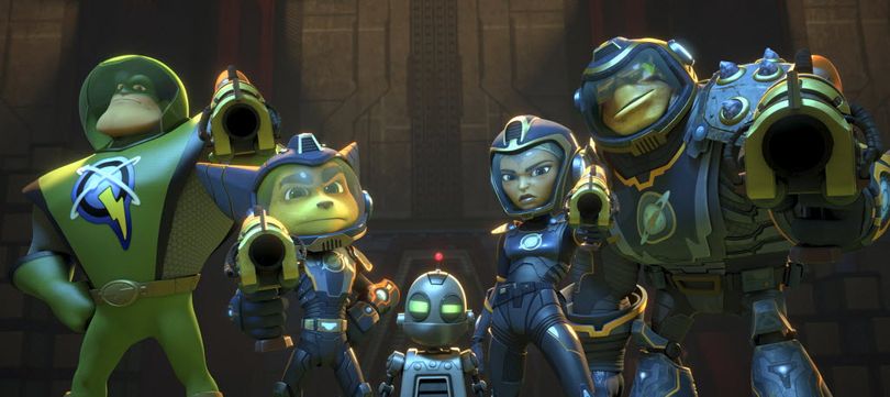 In this image released by Gramercy Pictures, from left, Captain Qwark voiced by Jim Ward, Ratchet voiced by James Arnold Taylor, Clank voiced by David Kaye, Cora voiced by Bella Thorne and Brax, voiced by Vincent Tong, appear in a scene from, 