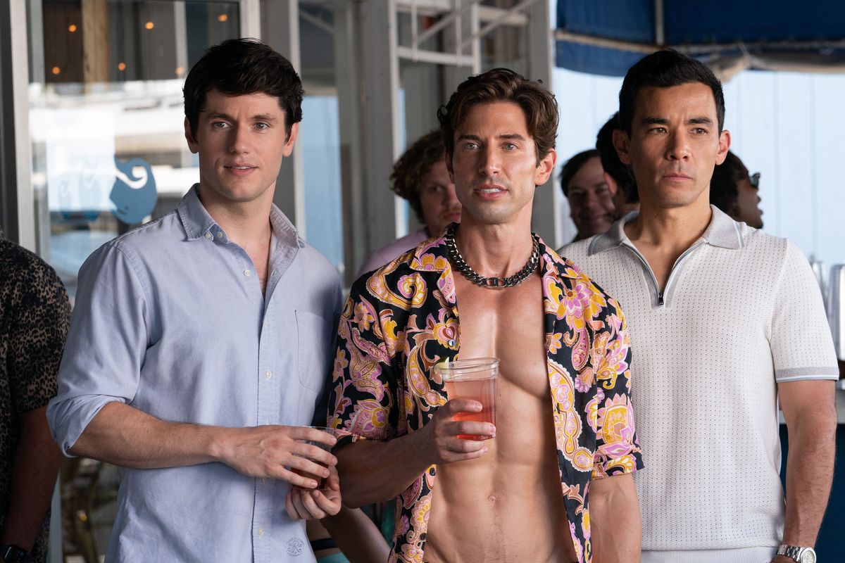 James Scully, Nick Adams and Conrad Ricamora in “Fire Island.”  (Jeong Park/Searchlight Pictures)