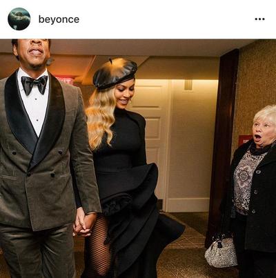 In an image posted to her Instagram account on Monday, Beyoncé smiles at a flabbergasted fan as she and her husband, Jay Z, are walking to the Grammy Awards on Sunday. The woman, Susan Monaghan of Massachusetts, said seeing the pop star smile was like being “hugged by an angel.” (Beyoncé, via Instagram)