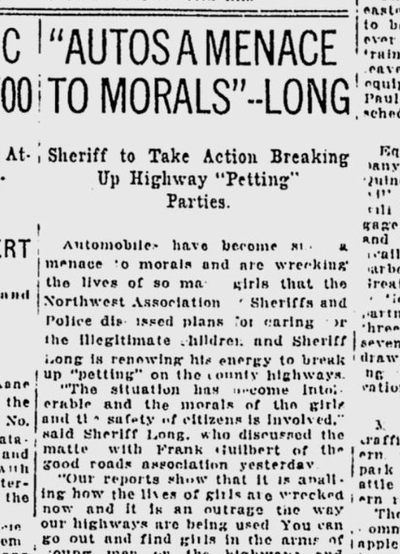 Automobiles were a threat to the morals of the community, the Spokane sheriff warned on this day 100 years ago.  (S-R archives)