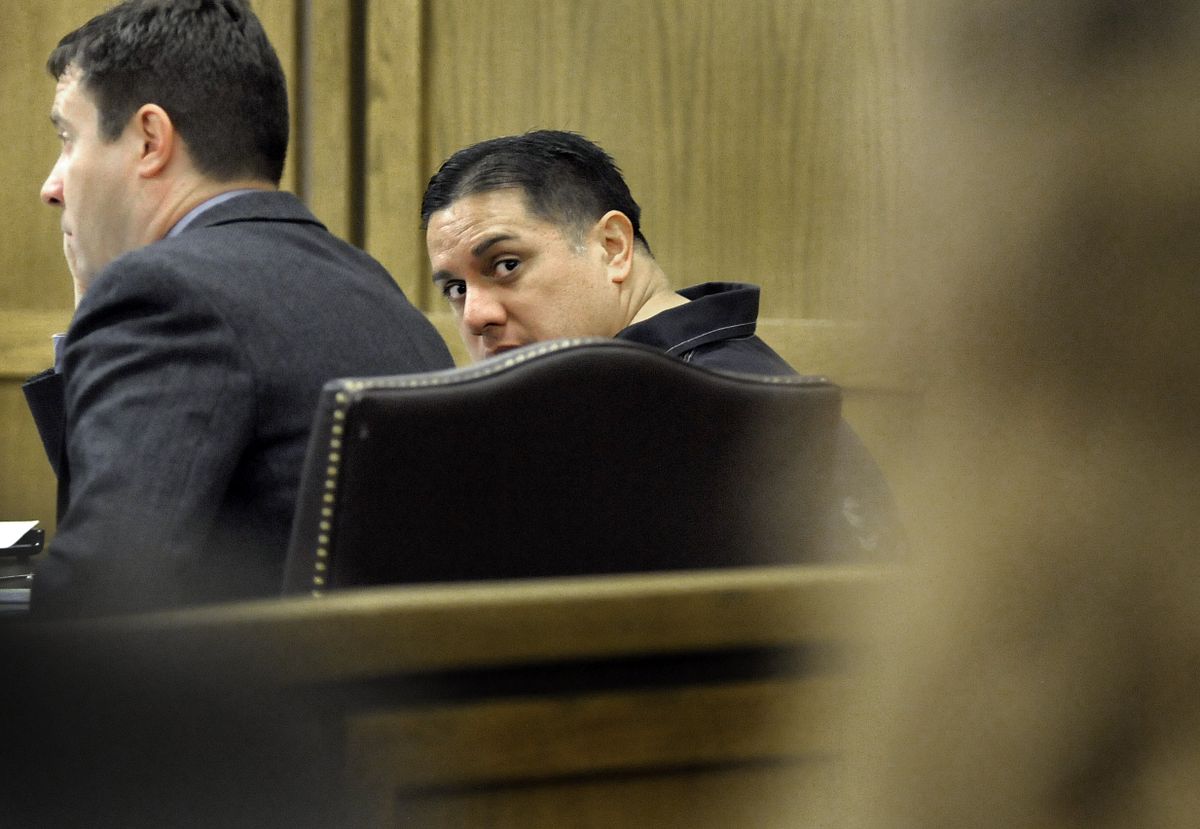 Nicholas Garcia turns from the defense table to stare at his former wife Heather Sullivan in Superior Court Friday October 31, 2008 during his sentencing  on charges relating to Domestic Violence.   Sullivan pressed charges against Garcia after 12 years of abuse.  CHRISTOPHER ANDERSON The Spokesman-Review (CHRISTOPHER ANDERSON Photos / The Spokesman-Review)