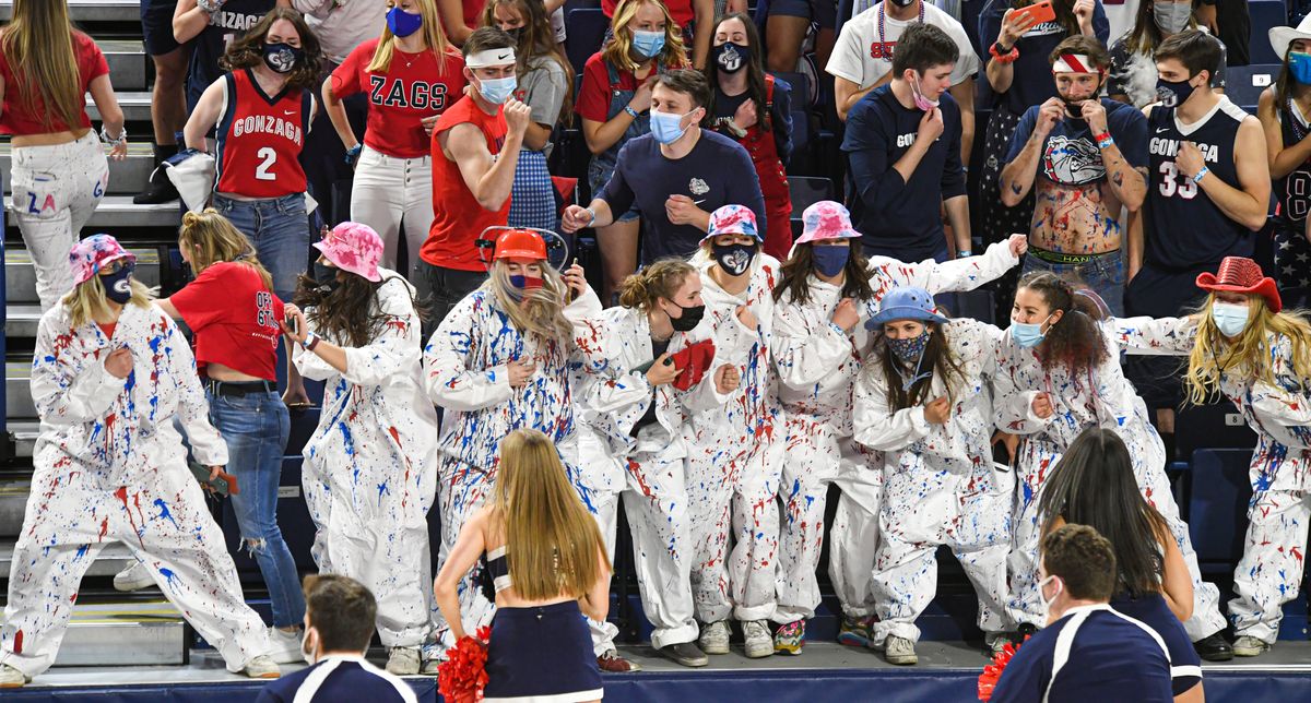 Gonzaga University students dance for the Zags in the first half McCarthey Athletic Center against Baylor for the National Championship, Monday, April 5, 2021.  (Dan Pelle/THESPOKESMAN-REVIEW)