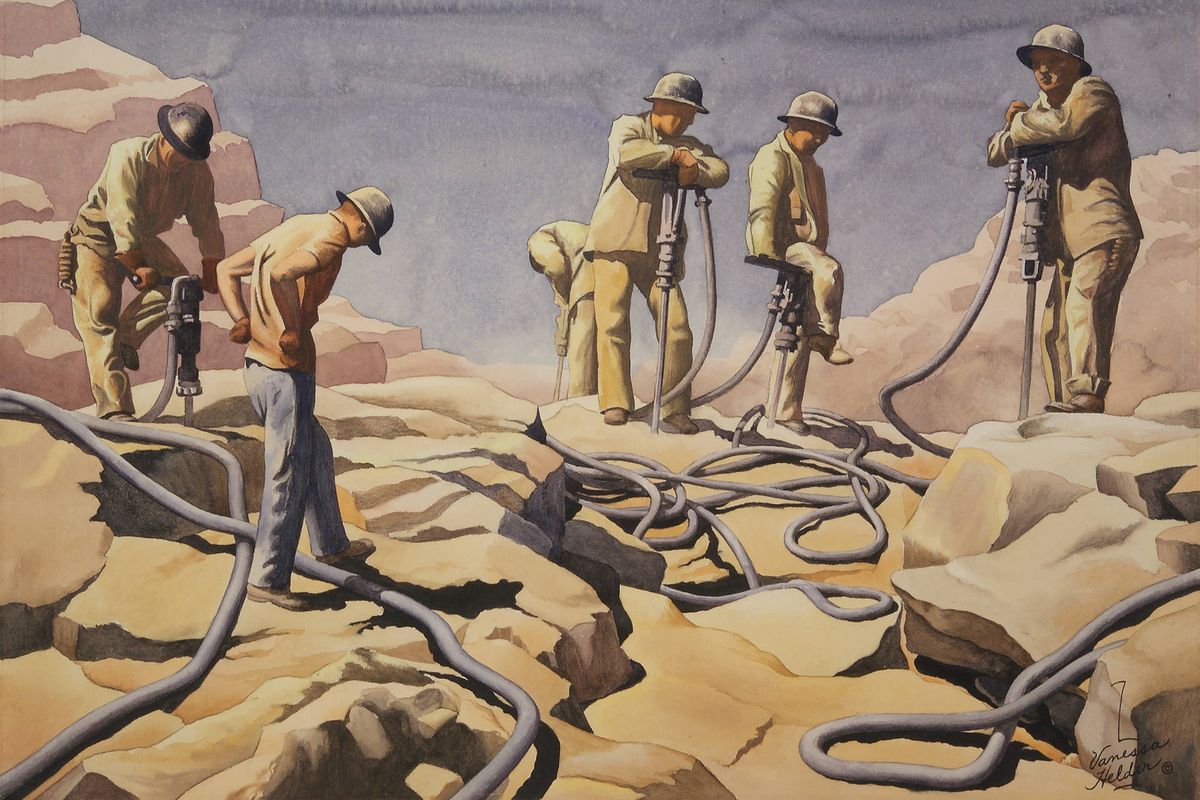 “Jackhamer Crew,” a watercolor by Z. Vanessa Helder, is one of the images that is projected as part of Story 64, “Grand Coulee Dam.” The project put people to work, but also ended salmon fishing for Northern Plateau Indians and submerged towns and orchards.