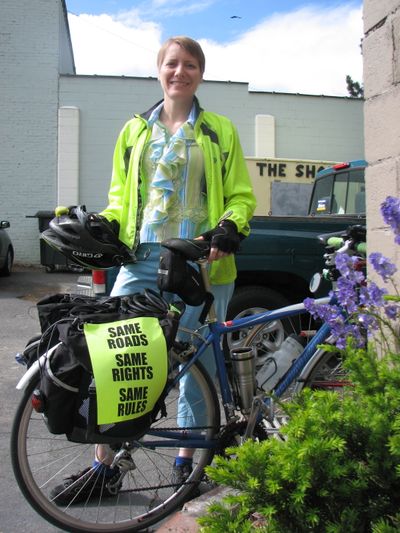 Barb Chamberlain, co-chairwoman of the city's bicycle advisory board, outside The Shop on South Perry.