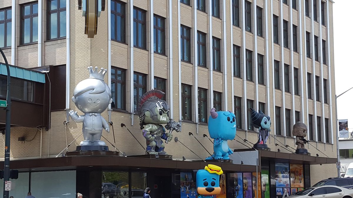 Large Funko characters adorn the outside of the Funko headquarters in Everett. (Tyler Wilson/For The Spokesman-Review)