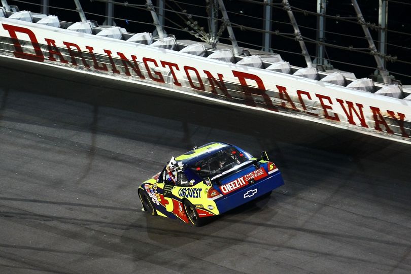 Mark Martin celebrates winning his second NASCAR Sprint Cup Series Southern 500 Presented by GoDaddy.com on Saturday at Darlington Raceway. (Photo Credit: Chris McGrath/Getty Images) (Chris Mcgrath / The Spokesman-Review)