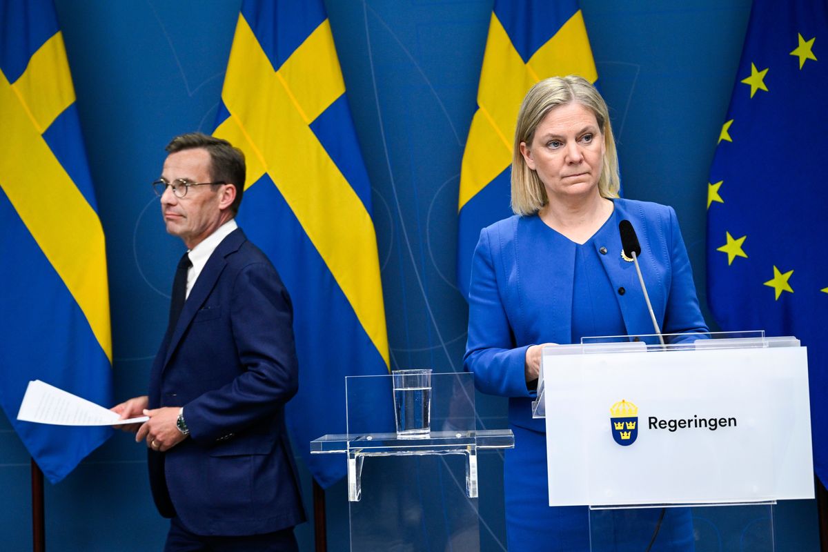 Swedish Prime Minister Magdalena Andersson, right, and Moderate Party leader Ulf Kristersson speak at a news conference in Stockholm on Monday. Associated Press  (Henrik Montgomery/TT)