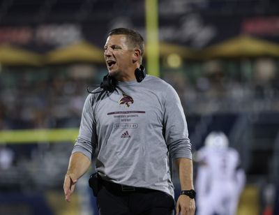 Texas State special teams coordinator/running backs coach Nick Whitworth reacts during a game against Florida International on Sept. 11 in Miami. Whitworth has been hired by Washington State to serve as the Cougars’ tight ends coach/special teams coordinator.  (Texas State Athletics)