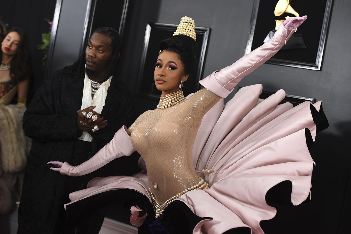 Offset, left, and Cardi B arrive at the 61st annual Grammy Awards at the Staples Center on Sunday, Feb. 10, 2019, in Los Angeles. Cardi B filed a trademark application with the United States Patent and Trademark Office for “Okurr,” her signature trill. (Jordan Strauss / Invision/Associated Press)