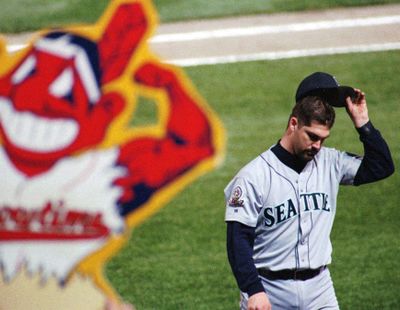 Cleveland’s Chief Wahoo logo has been around a long time, like here in 1995 when the Indians beat Andy Benes and the Seattle Mariners in the ALCS. (PAUL KITAGAKI / Associated Press)