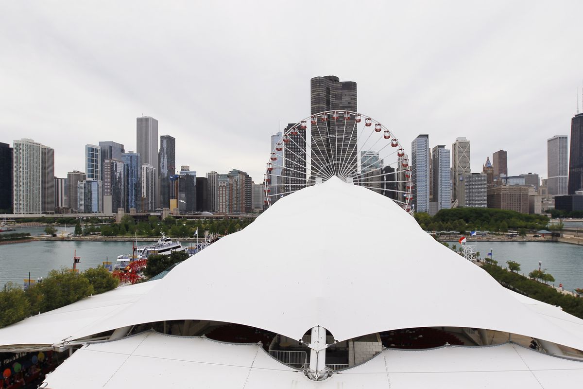 The Chicago downtown skyline provides a backdrop for the Skyline Stage and Ferris wheel at the Navy Pier. (Associated Press)