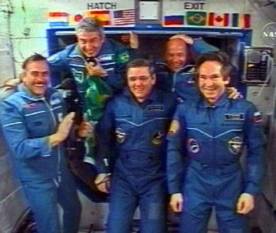 
 Shown Saturday, members of the Destiny Laboratory crew  are, from left,  Pavel Vinogradov, Brazilian astronaut Marcos Pontes Bill McArthur, Jeff Williams and Valery Tokarev. 
 (Associated Press / The Spokesman-Review)