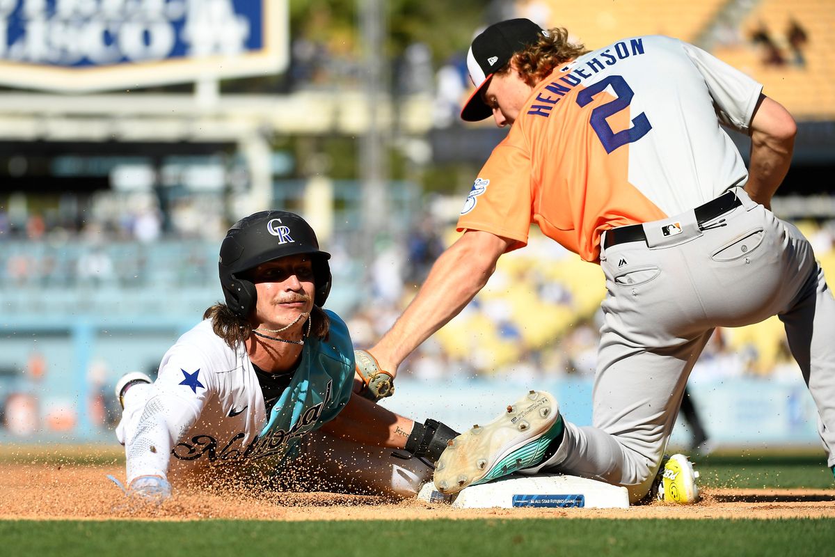 Spokane Indians outfielder Zac Veen steals third base while playing for the National League at the All-Star Futures Game at Dodger Stadium in Los Angeles on July 16.  (Getty Images)