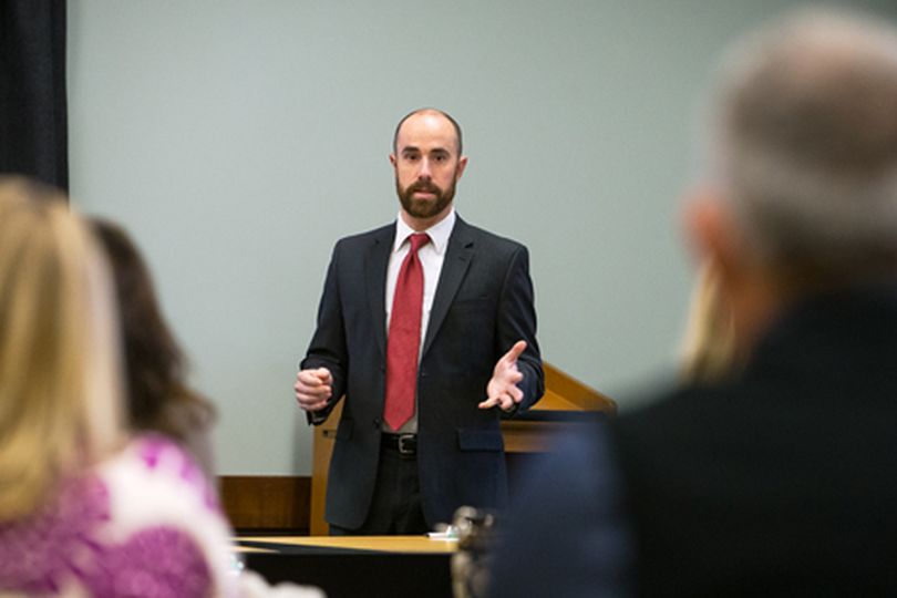 U.S. state Rep. Luke Malek, director of legal affairs for Heritage Health, talks to a group Wednesday during a presentation about the Affordable Care Act at the Idaho Department of Labor in Post Falls. (Shawn Gust/press)