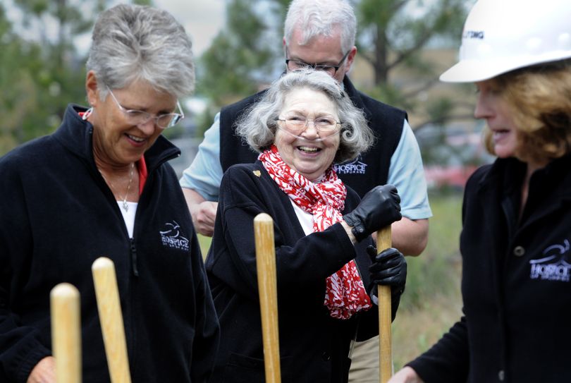 Willa Johns, center, laughs as she and others prepare to break ground for the new Hospice of Spokane Hospice House on Wednesday in north Spokane. Johns is a former Hospice of Spokane executive director and is currently a hospice patient. (Jesse Tinsley)
