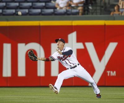Atlanta Braves center fielder Jordan Schafer has a small sinus fracture. His availability is considered day-to-day. (Associated Press)