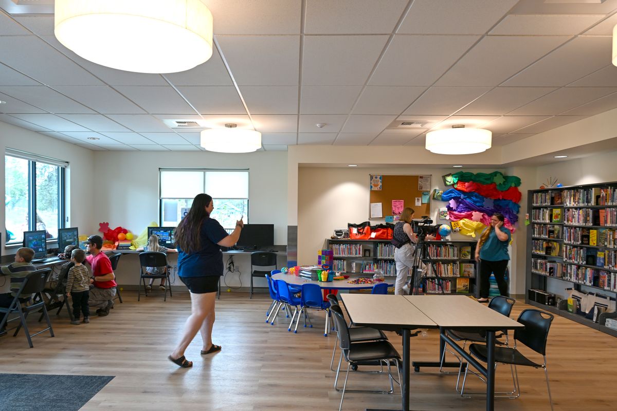 The Malden library is nside the new community building in Malden, Washington, shown Thursday, May 29, 2025 in the small Whitman County town that burned in wildfires on Labor Day of 2020.The building also had a multipurpose room with akitchen and the foodbank.  (Jesse Tinsley/THE SPOKESMAN-REVIEW)