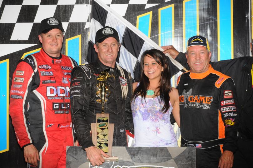Top-3 finishers at Knoxville World of Outlaws event. Jason Meyers (l), Brooke Tatnell (c) and Sammy Swindell (r). Photo courtesy of Ken Simon.