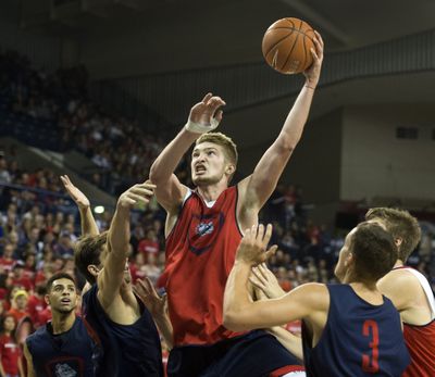 Gonzaga newcomer Domantas Sabonis scores and is fouled in game action during Kraziness in the Kennel this past Saturday.  (Dan Pelle)