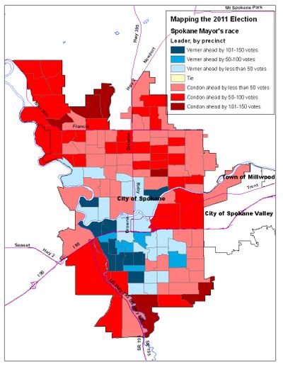 This is a map of the vote totals in the Spokane Mayor's race from the tally on Nov. 9. (Jim Camden)