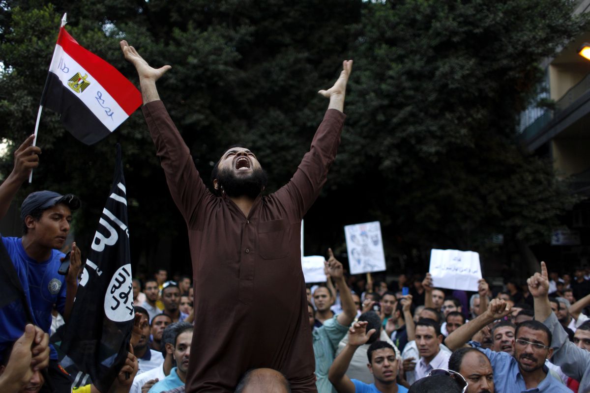 Egyptian protesters chant anti-U.S. slogans during a demonstration in front of the U.S. Embassy in Cairo on Wednesday. (Associated Press)