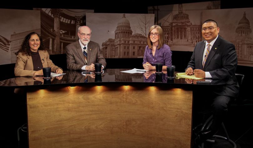 From left, Betsy Russell, Jim Weatherby, and co-hosts Melissa Davlin and Aaron Kunz on Idaho Public TV's 