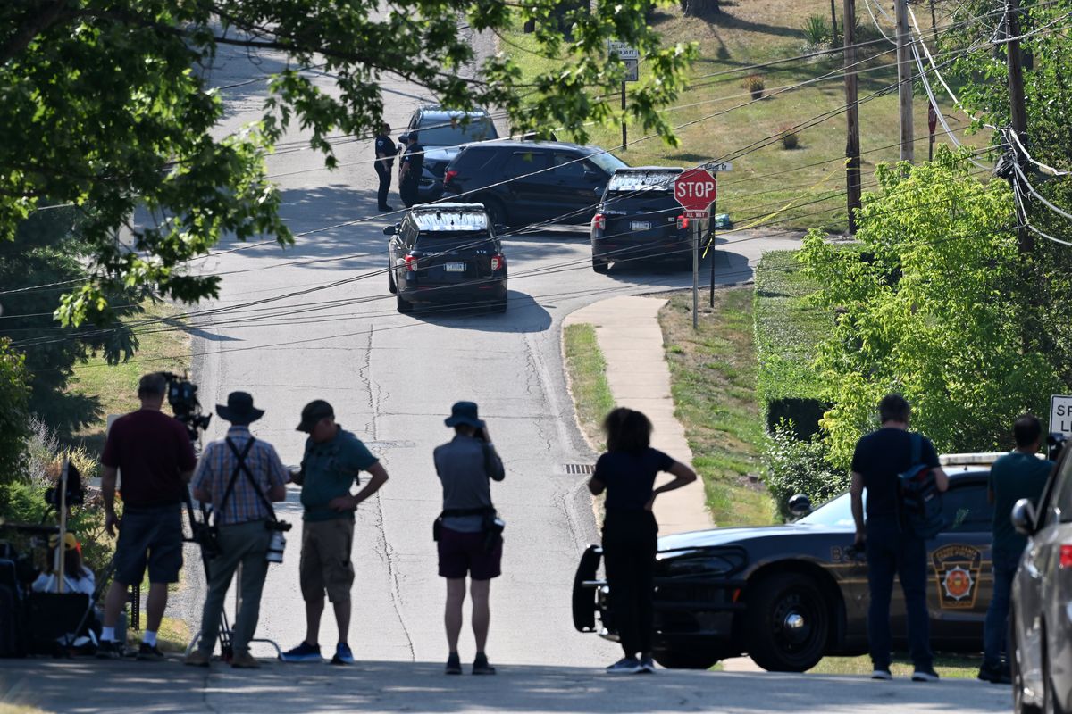 Police block a street near the Bethel Park, Pa., home of Thomas Matthew Crooks, the person suspected in the shooting at former president Donald Trump