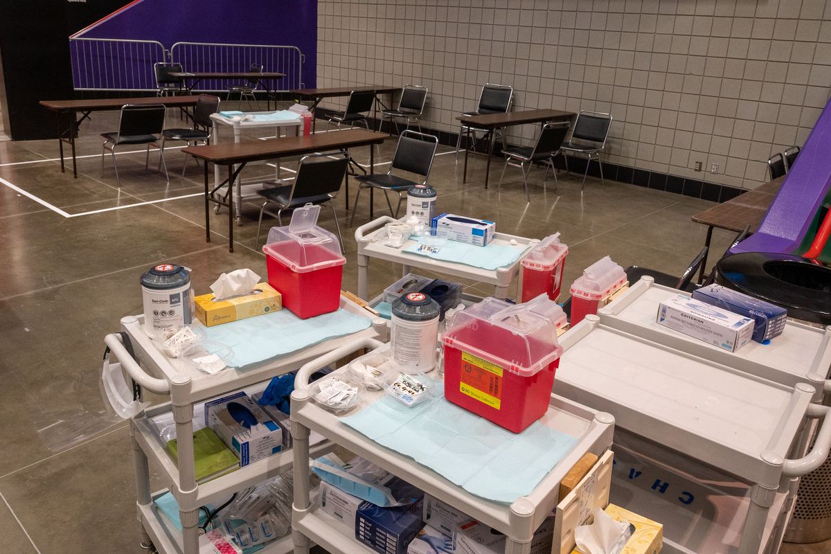 CHAS Health and the Spokane Regional Health District are operating a mass vaccination site at the Spokane Arena for people with an appointment. (Colin Mulvany/THE SPOKESMAN-REVIEW)