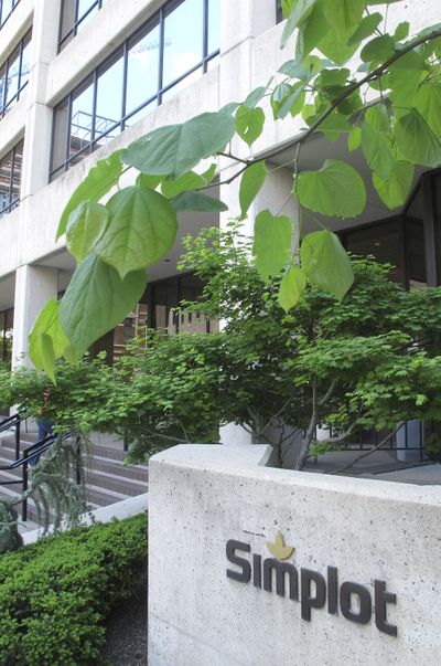 J.R. Simplot Co.’s headquarters is shown in downtown Boise in May 2013. Simplot claims in a lawsuit against BNSF Railway Co. that a large freight shipment of french fries was damaged while being transported to Georgia. (Associated Press)