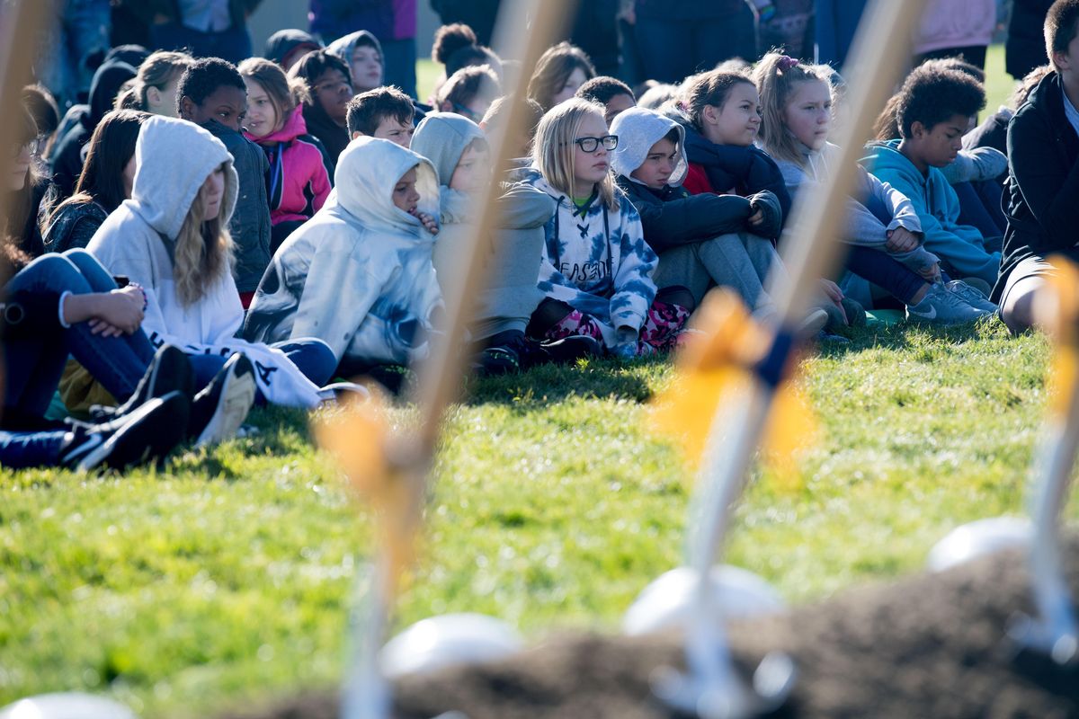 Students listen as Dr. Shelley Redinger, superintendent of Spokane Schools speaks during a groundbreaking ceremony on Tuesday, October 1, 2019, at Shaw Middle School in Spokane, Wash. (Tyler Tjomsland / The Spokesman-Review)