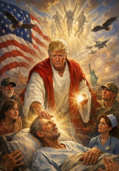 A post on U.S. President Donald Trump's Truth Social account depicts an AI-generated image of himself apparently as Jesus posted on April 12, 2026.   (@realDonaldTrump/Truth Social/Handout via REUTERS THIS AI-GENERATED IMAGE HAS BEEN SUPPLIED BY A THIRD PARTY. )