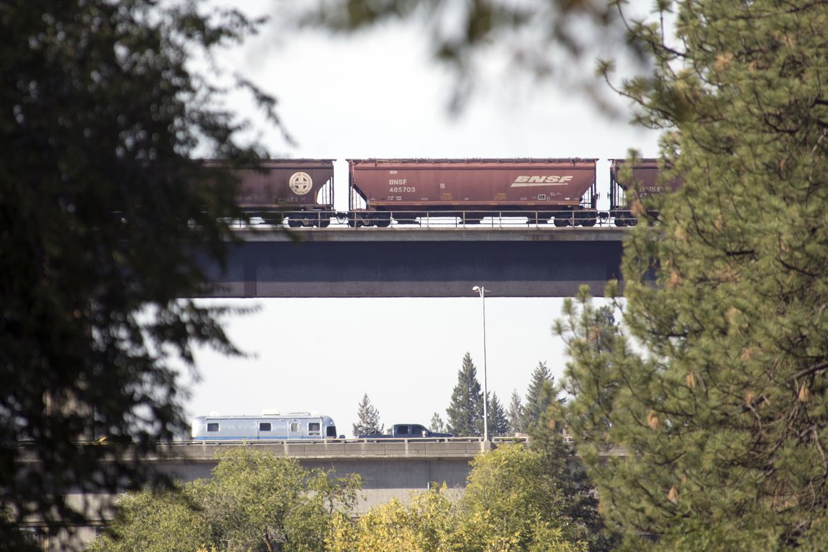 The railroad viaduct carries train high above the I-90 viaduct above Latah Creek. 