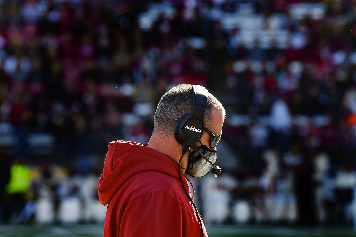 Washington State Cougars head coach Nick Rolovich roams the sidelines between plays against the Oregon State Beavers during the first half of college football game on Saturday,Oct 9, 2021, at Martin Stadium in Pullman, Wash.  (Tyler Tjomsland / The Spokesman-Review)