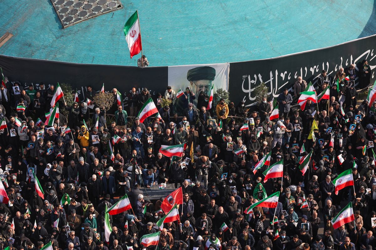 People attend a gathering Monday in Tehran, Iran, to support their country’s new supreme leader, Mojtaba Khamenei, amid the U.S.-Israeli conflict with Iran.  (West Asia News Agency)