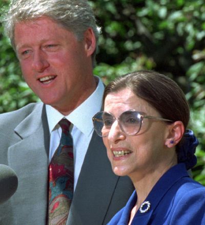 President Clinton gestures during a Rose Garden news conference Monday along with Judge Ruth Bader Ginsburg. The president nominated Ginsburg, 60, a federal appeals judge, to fill the vacancy on the Supreme Court.   (DOUG MILLS)