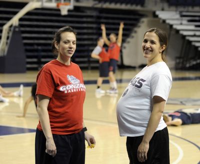 Gonzaga University assistant women’s basketball coaches Jodie Kaczor Berry, left, and Lisa Mispley Fortier are expecting children. (Dan Pelle)