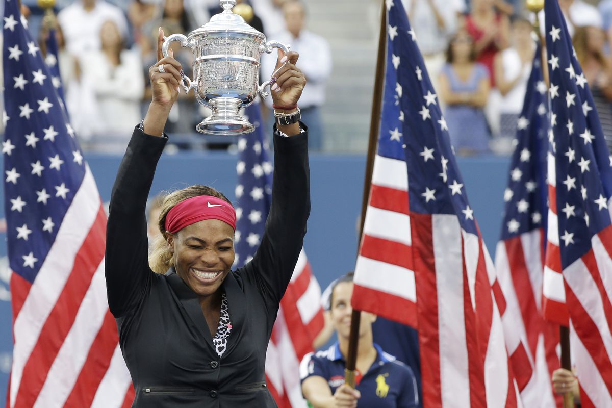 Serena Williams celebrates after beating Caroline Wozniacki for the U.S. Open championship. (Associated Press)