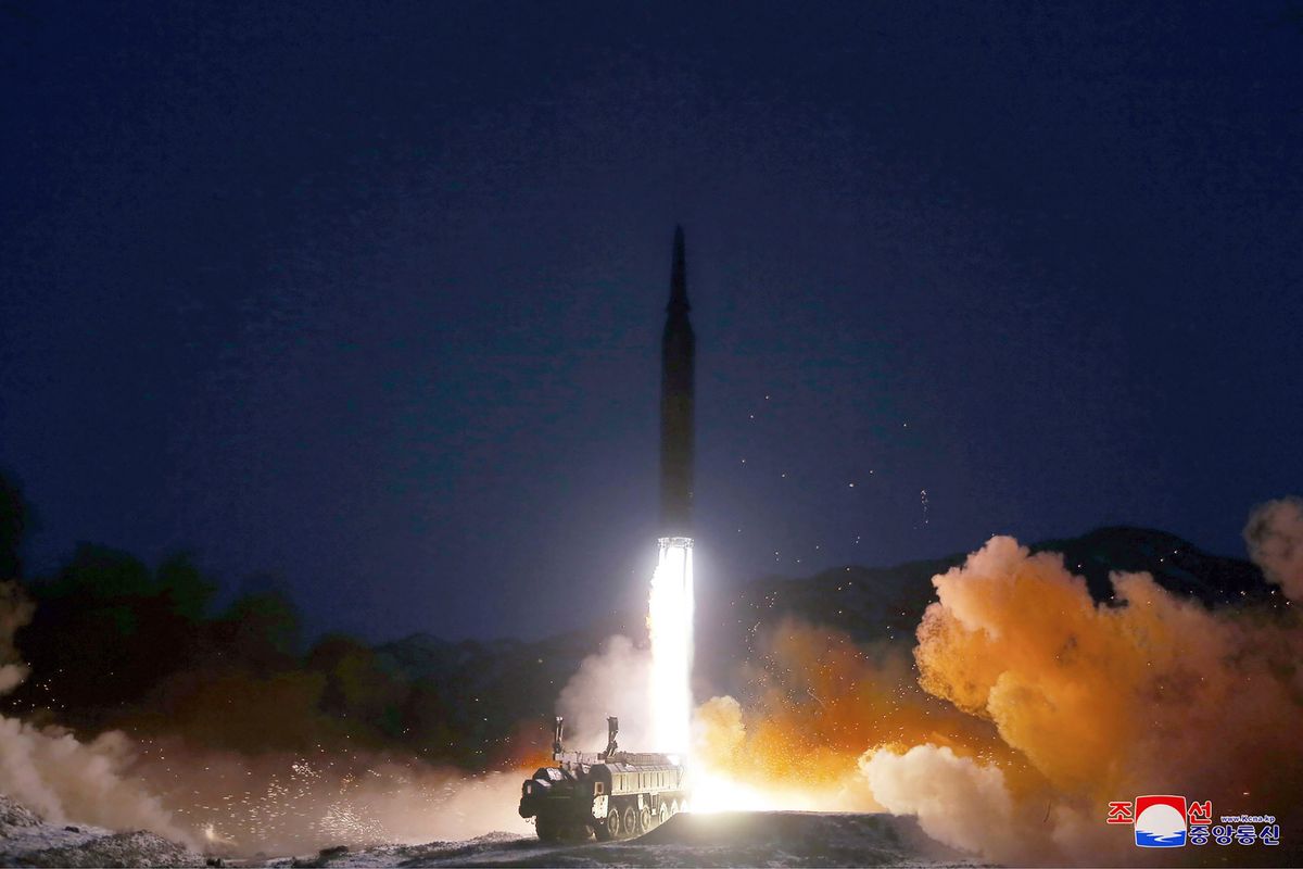 This photo provided by the North Korean government shows what it says a test launch of a hypersonic missile on Jan. 11, 2022 in North Korea. Independent journalists were not given access to cover the event depicted in this image distributed by the North Korean government. The content of this image is as provided and cannot be independently verified. Korean language watermark on image as provided by source reads: “KCNA” which is the abbreviation for Korean Central News Agency.  (HOGP)
