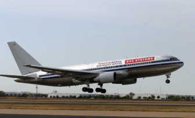 
A retired American Airlines Boeing 767 takes off from Alliance Airport in Fort Worth, Texas, in November 2005.  The plane is equipped with BAE Systems' JETEYE, a missile defense system adapted from military use. Associated Press photos
 (Associated Press photos / The Spokesman-Review)